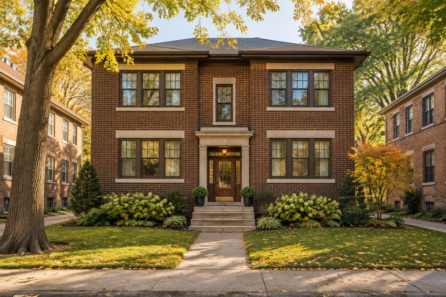 A brick fourplex on a tree-lined street in autumn